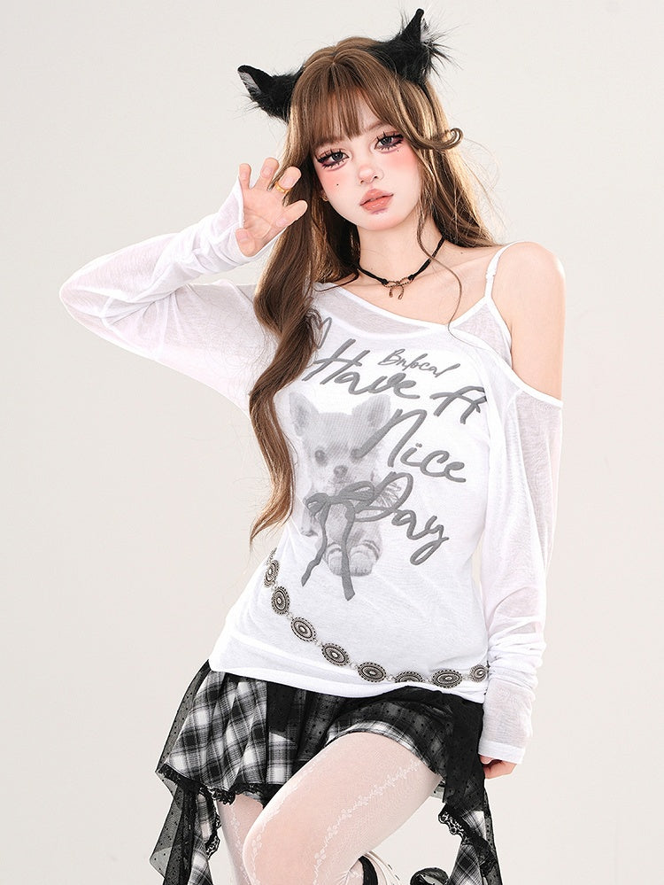 Pink/weißer, asymmetrischer Ausschnitt, Slim-Fit-Top, Fake-Zweiteiler