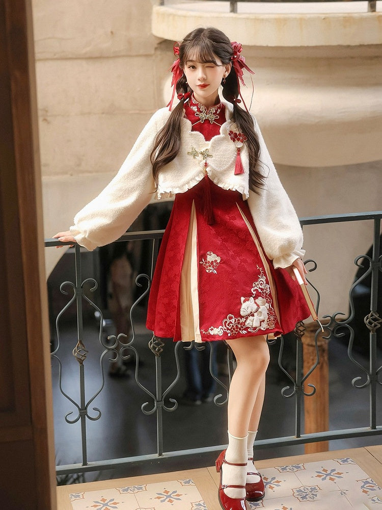 Red Floral Embroidered Chinese Dress with Plush White Top for Cold Seasons - Han Ru Chu Hanfu & Han-Element Studi