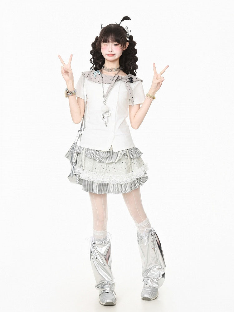 White Polka Dot Music Note Tie-Neck Top - Languid Park