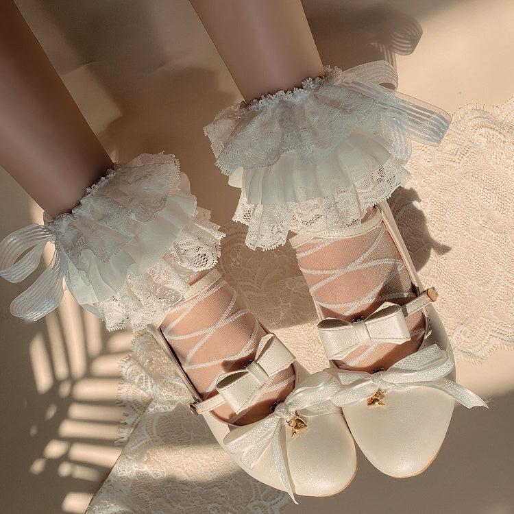 with Semi-Sheer Socks Pattern Multi-Layered Lace Lolita Decoration White Bow Strap