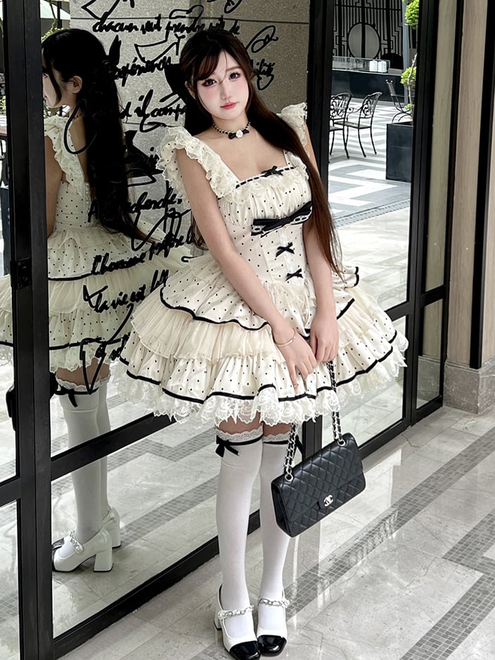 ドレス ポルカ スイート ティアード ドット ベージュ スカート ウエスト バスク ブラック