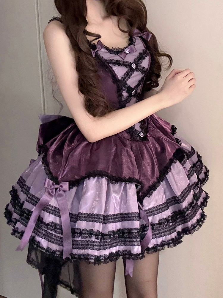 Black Dress Fluffy Waist Lolita Purple Accents with Sweet Basque Bow
