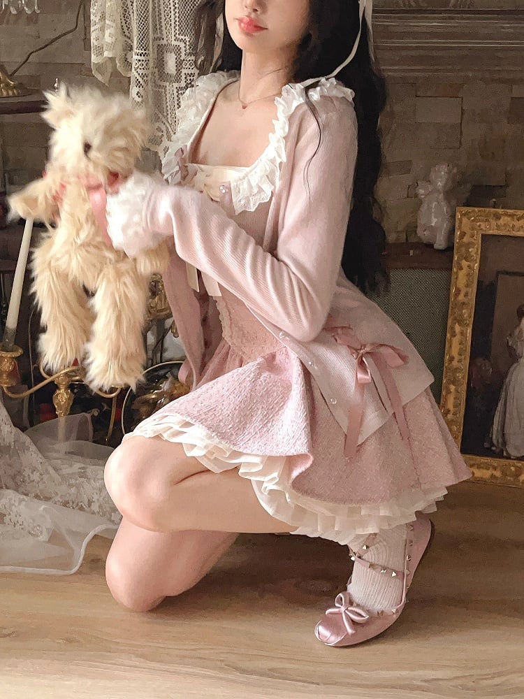 Pink Knitted Cardigan with Ruffled Lace Ribbon Bow Accents