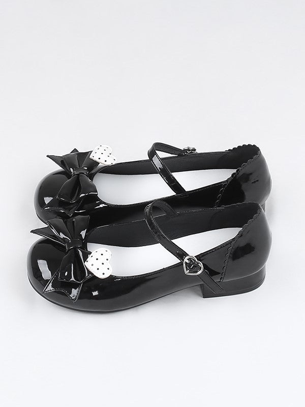 Black Polished Mary Jane Shoes with Bow and Polka Dot Heart Design