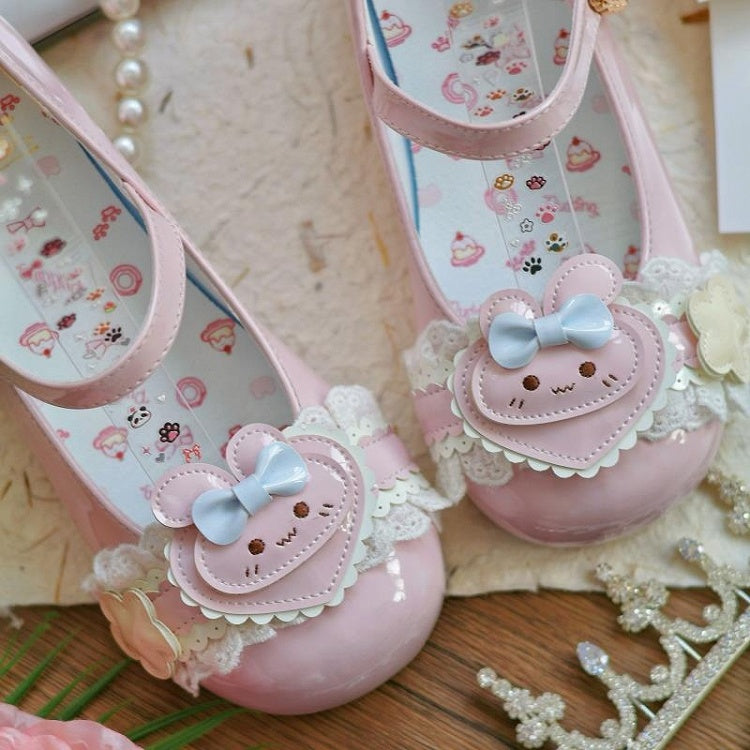 Ear Mary Lolita PU Light Sweet Janes with Heart Rabbit Pink Accents Bunny Floral Theme Top - at