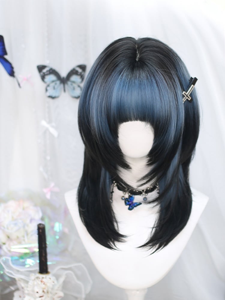 Blue and Black Ombre Above Bust Length Wig with Full Bangs