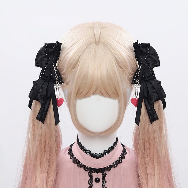 Jirai Charm Hairclips with Black Ribbon Heart Kei and Bow Pink