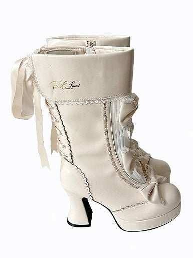 Platform Bow Accents Scalloped Lolita White Elegant Creamy Hem Boots with High-heel