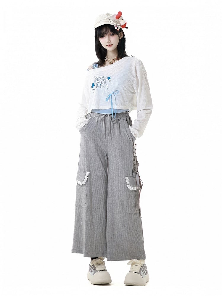 Graue Hose mit weitem Bein und Kordelzug in der Taille und seitlichen Schnürdetails