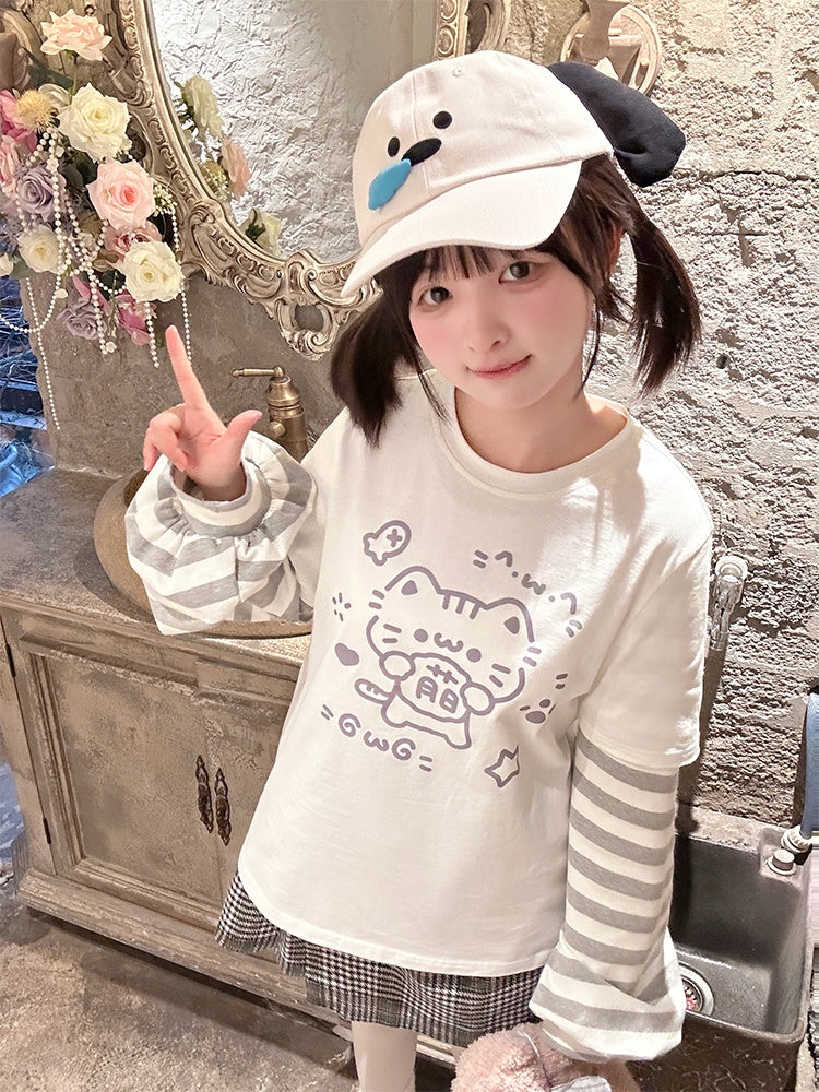 ホワイトキティプリントストライプ長袖Tシャツ