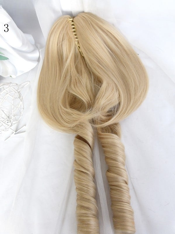 Volles lockiges Doppel mit römischer Perücke, 45 cm Länge, blond + Krallenclips, Pony, Pferdeschwanz