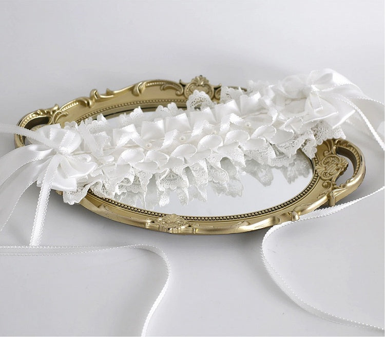 Layered Bow Flower with Lace White Satin Hairband Accents