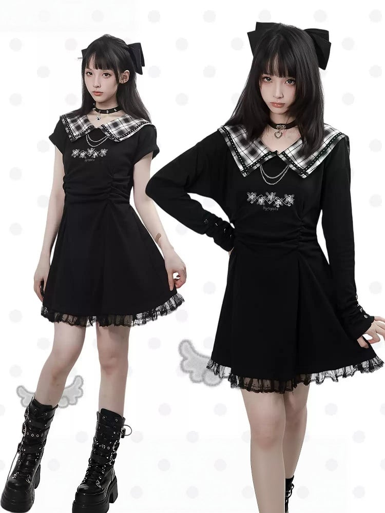Dark Kawaii Black Plaid Sailor Collar Short Sleeve Dress with Cross Motif & Lace Trim, Gathered Waist - PINK SAVIOR
