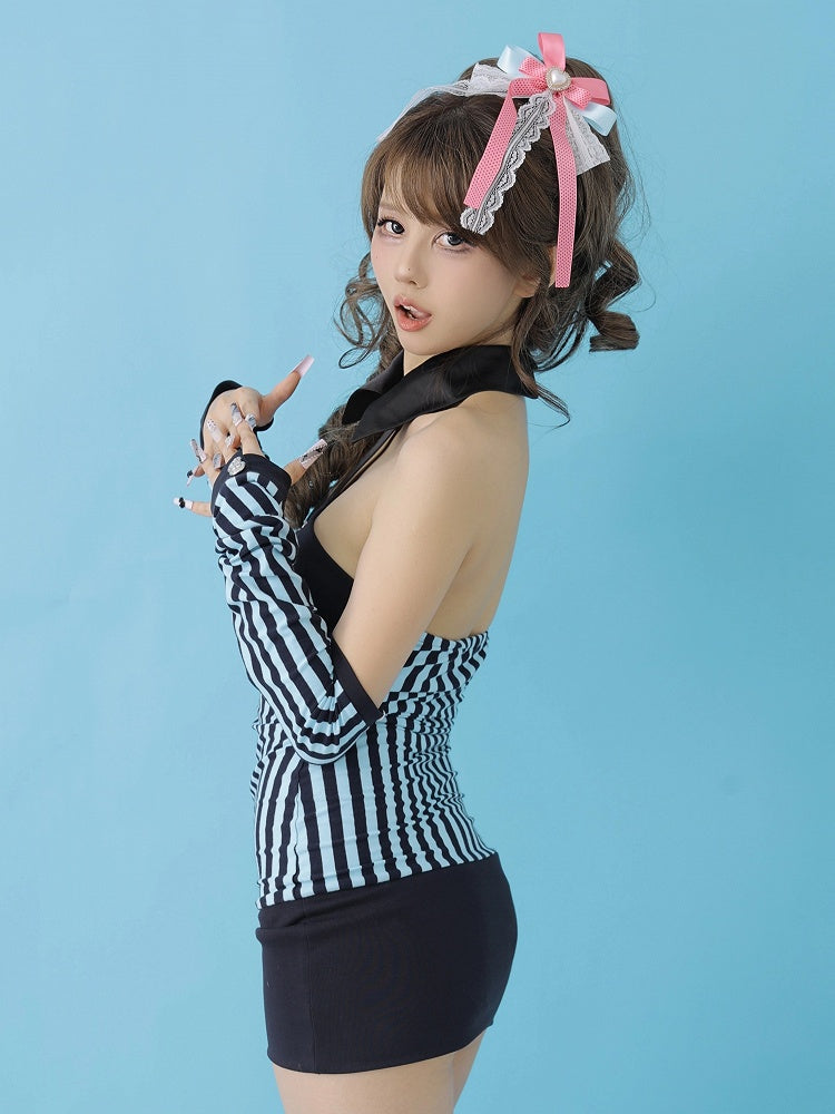 Striped Strapless Bodycon Dress with Adjustable Length and Detachable Sleeves Hime Gyaru Blue/Pink