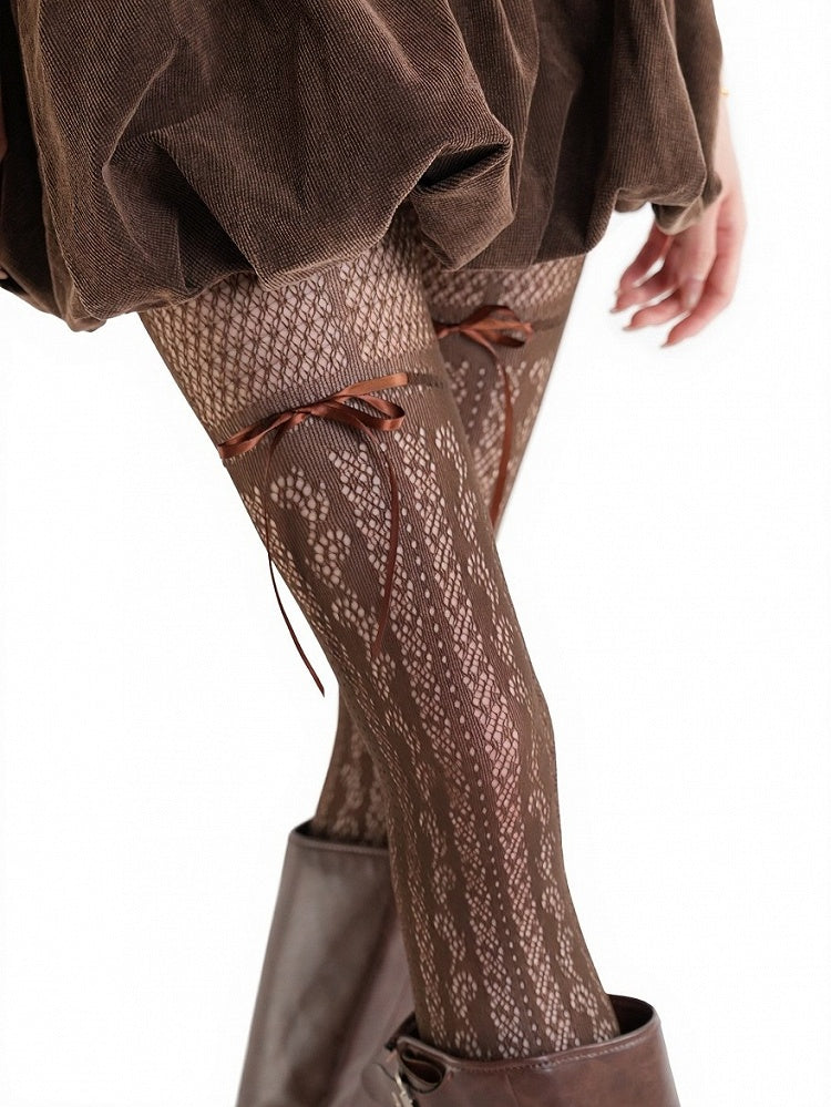 Brown Sheer Lace Pattern Tights with Bowknot Accents - ModaSwings