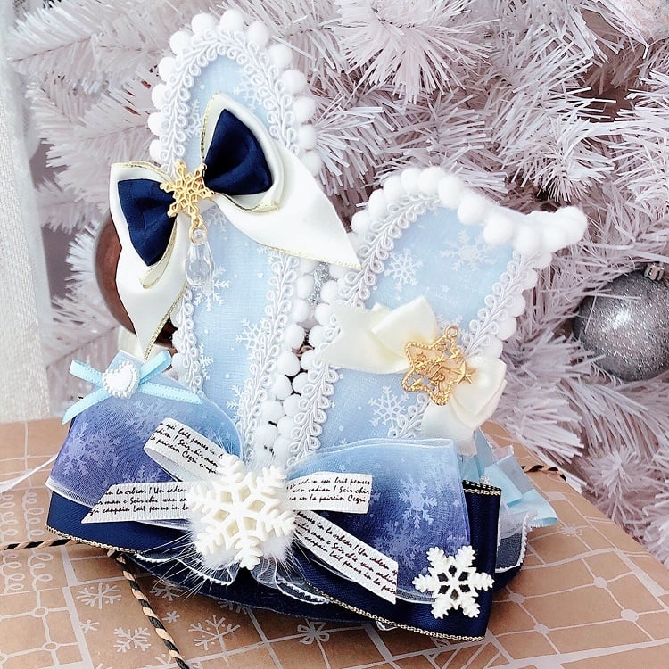 Hat Snow Ears Details Frozen Mini Bunny BlueWhite Decorated Vibes Bowknot