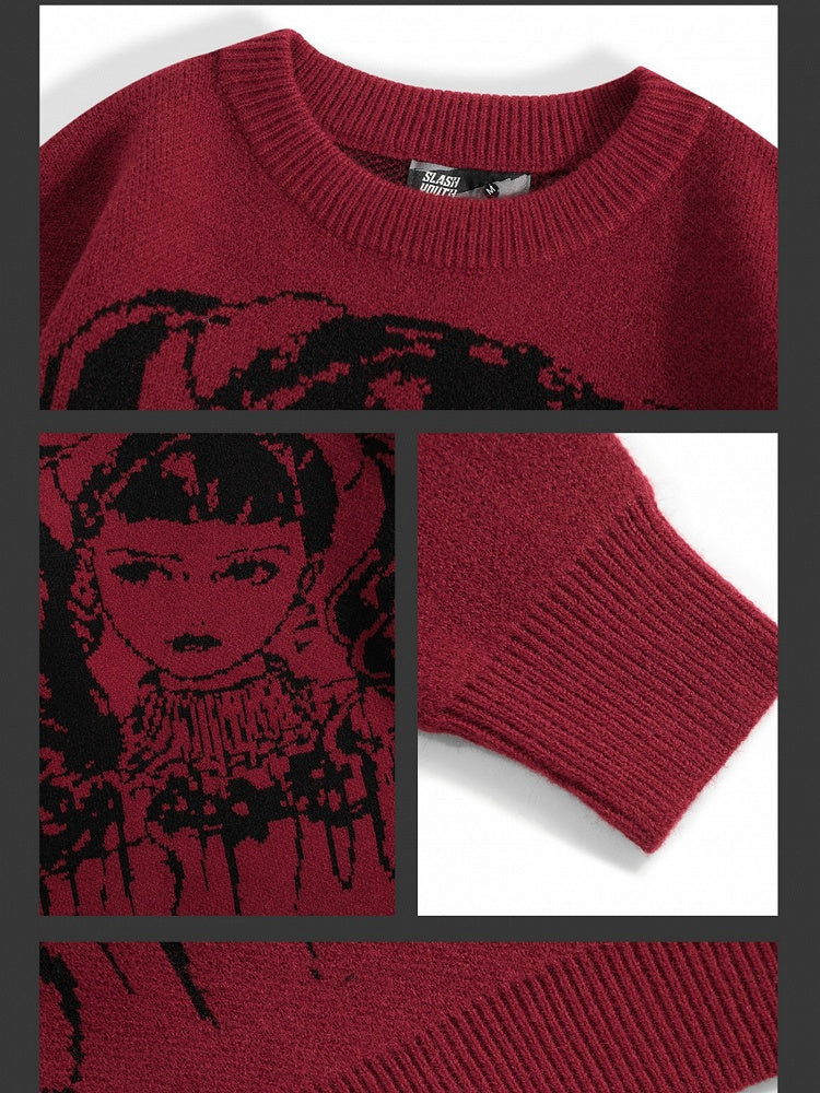 ワインレッド/ブラック Y2K ガール柄セーター(フリーチョーカー付き)