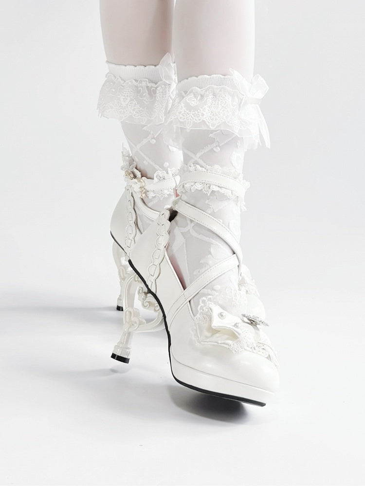 Shoes Off-white Bead - Princess Style Accent High-heel Bow Rhinestone