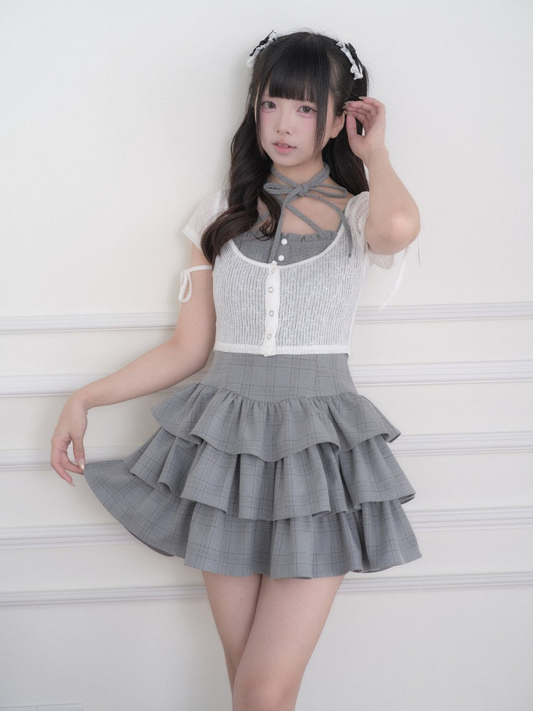 Ryousangata Gray Plaid Tiered Ruffle Camisole Dress White Cropped Top Set - No Genki