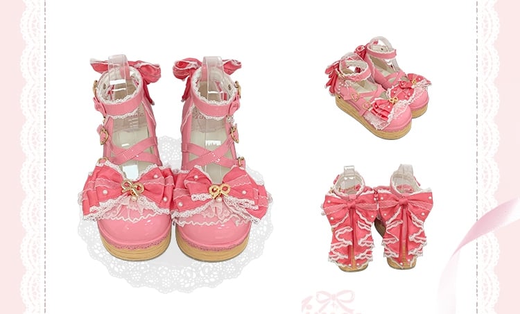 Dunkelrosa Hanayome Lolita Plateauschuhe mit abnehmbarer Organza-Schleife
