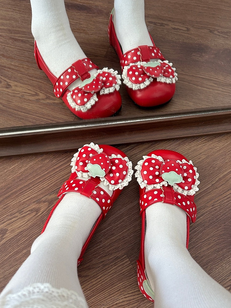 Shoes Sweet Sole Velcro Top with Strap Flat Bow Red PU Closures Lolita Polka-dot at Pattern