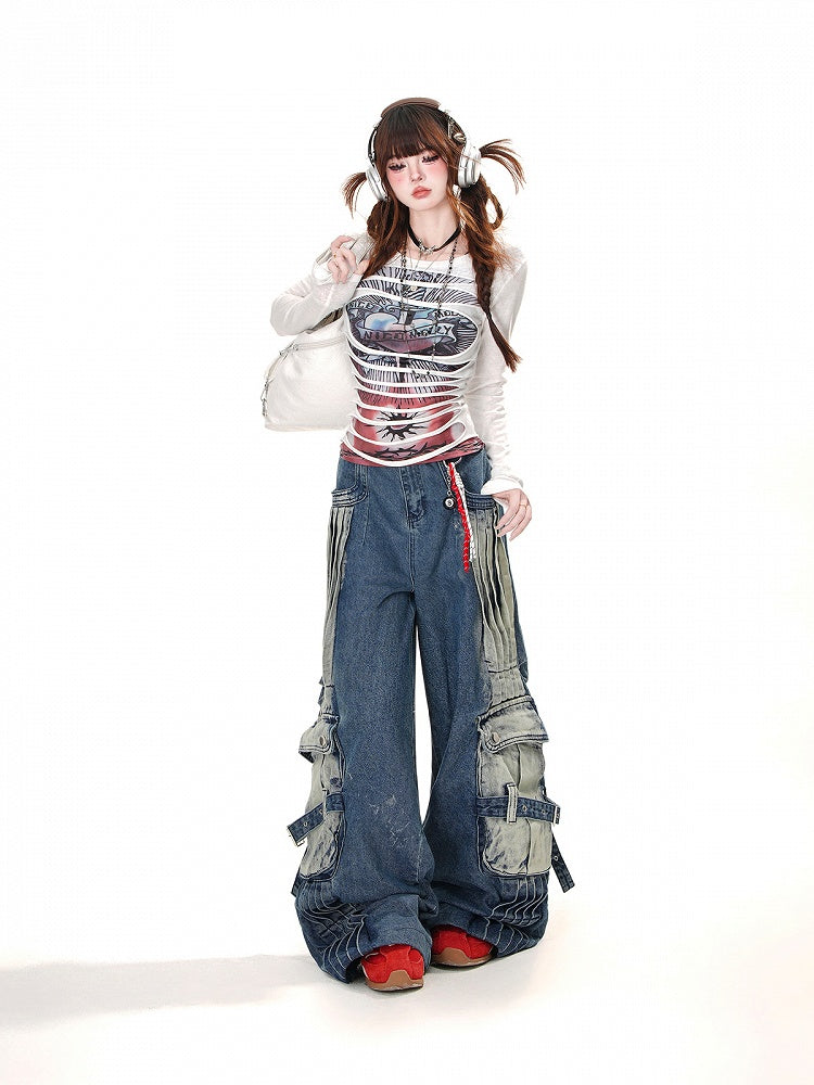 Lockere Cargo-Jeans mit weitem Bein und verblassten Taschen Blau