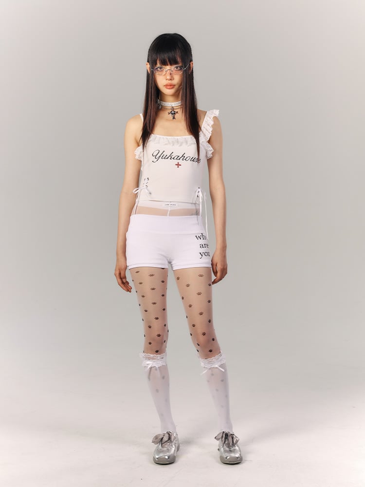 Top Trim with Crop Lace Cami Crisscross Rhinestone White Front