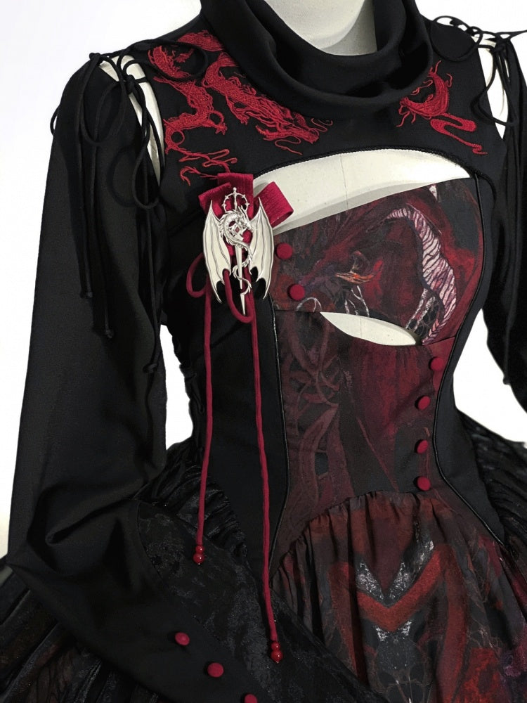 Drache und Schwert Metallbrosche Roter Riemen