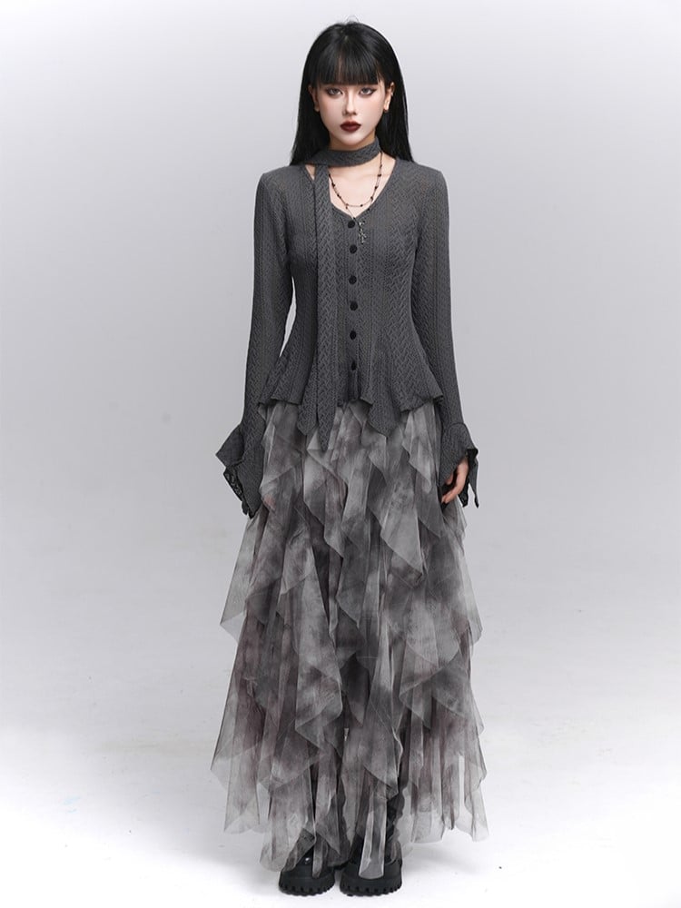with Gray Cascading Ruffles Skirt Tulle Asymmetrical Gothic