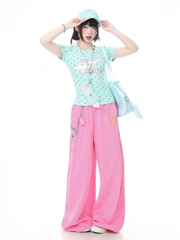 Light Green Fitted Tee with Polka Dot & Letter Print - Languid Park