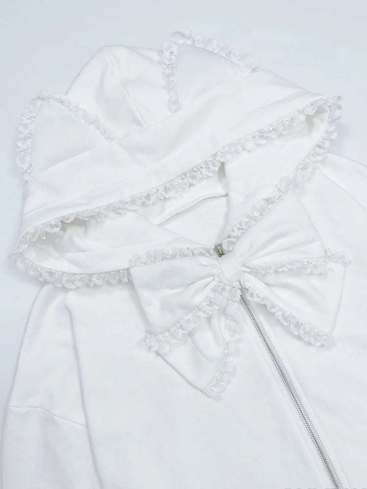 Jacket: Hood Kei Oversized Ears Cat Bow with Detachable Jirai Trim Lace White
