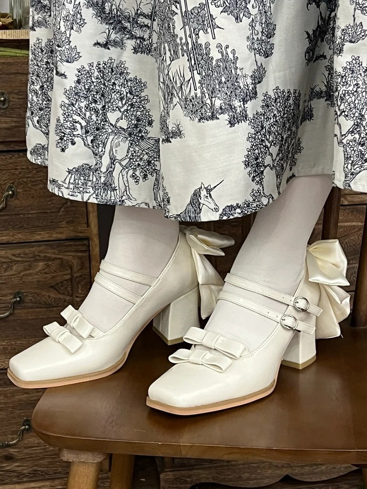 Shoes Bow White Toe Dual Accents Square Block - Elegant High Heel Buckles