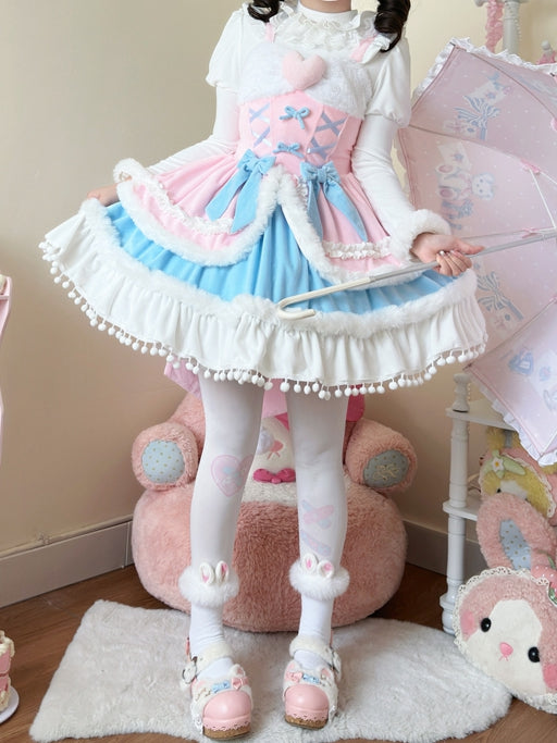 Lolita Winter and Sweet Trimming for Autumn Pink Plush Dress