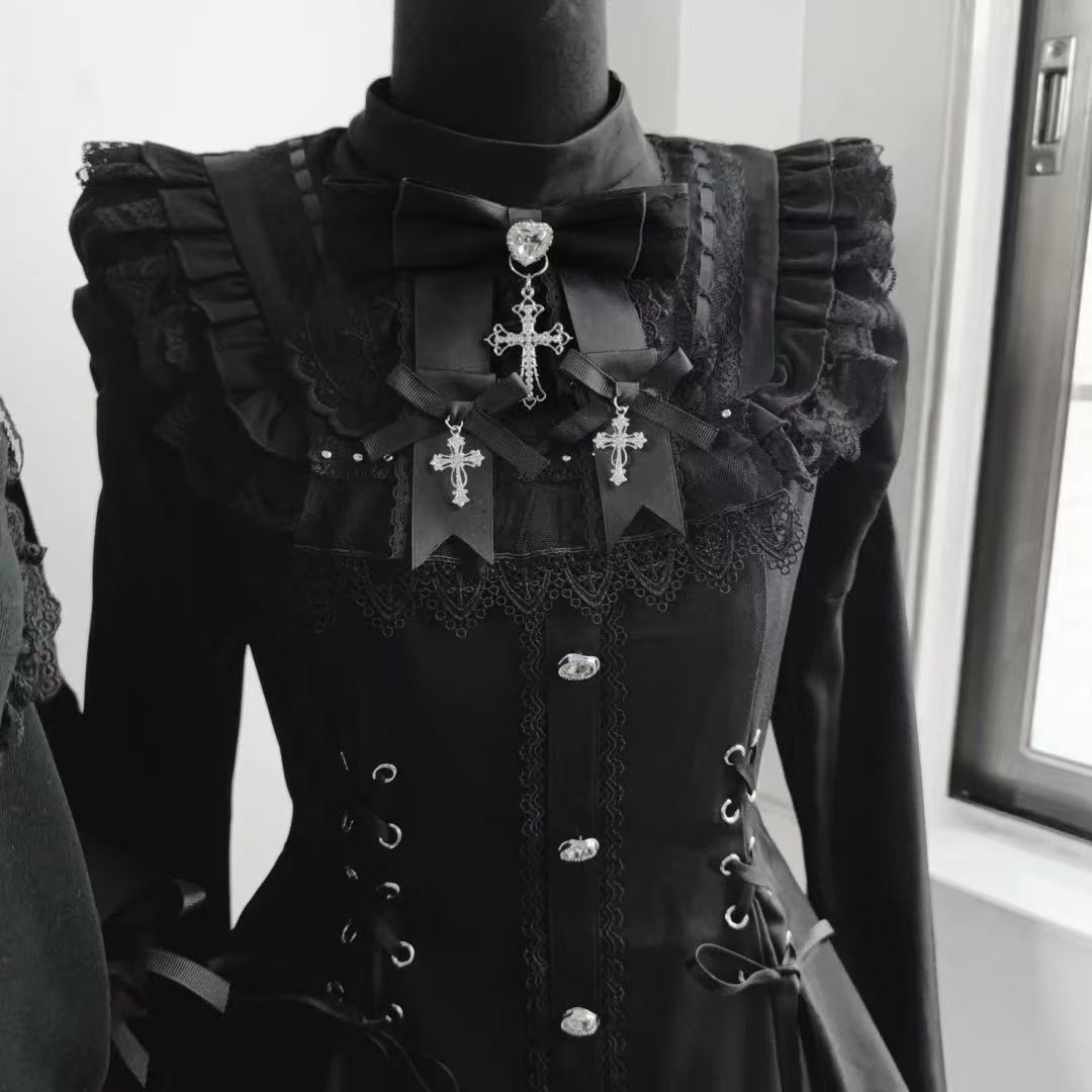 All black lace neckline with cross charms on gothic Lolita mini dress