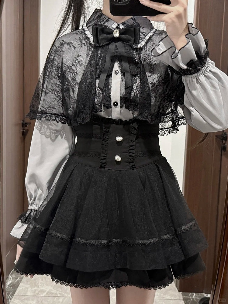 Skirt Kei High-Waist Tiered Heart-Shaped Accents Black Button with Jirai