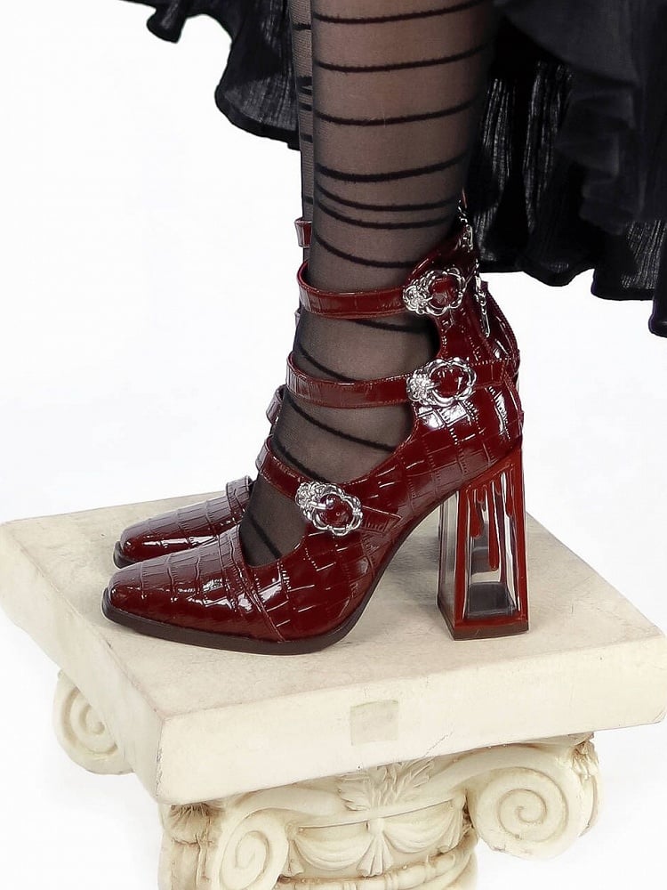 Polished Red Gothic Crocodile Buckle Straps Blood Drip High Block Heels