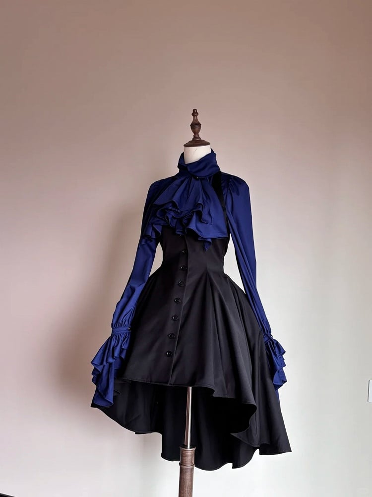 Lolita Collar Blouse Dark Jabot Long-Sleeve Blue