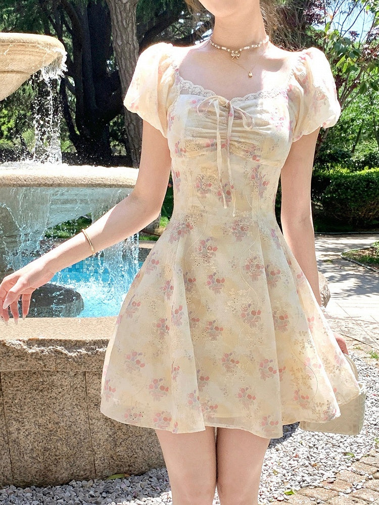 Yellow & Pink Floral Print Summer Holiday Dress - Qchiwawameme