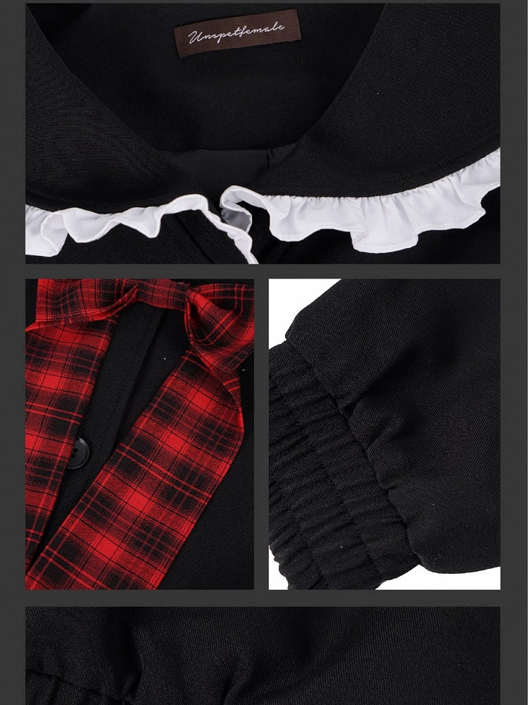 Y2K Black Sailor Collar Top with Red Plaid Tiered Skirt Set