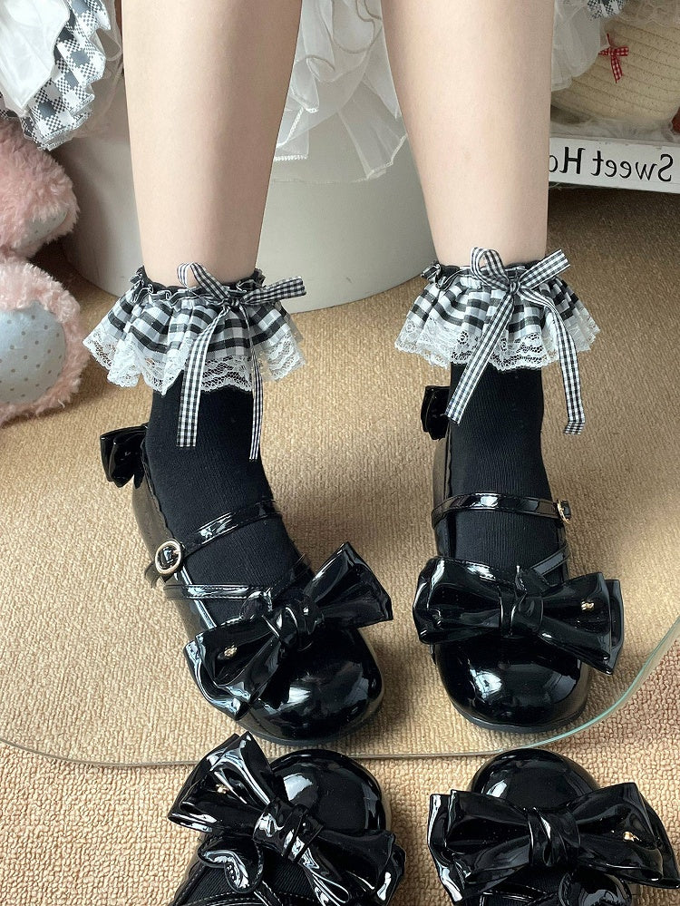 Gingham Ruffle Black Style Lace Lolita Socks White Ankle