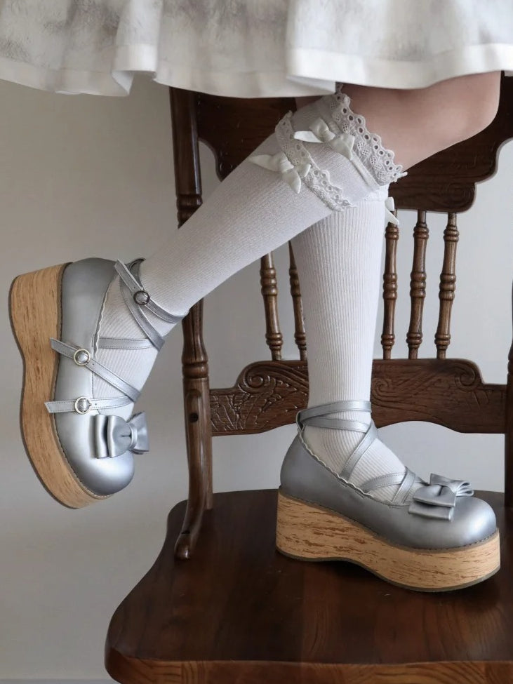 Shoes Platform Round Toe at Sweet Silver Bow Lolita PU - Top Crisscross Design