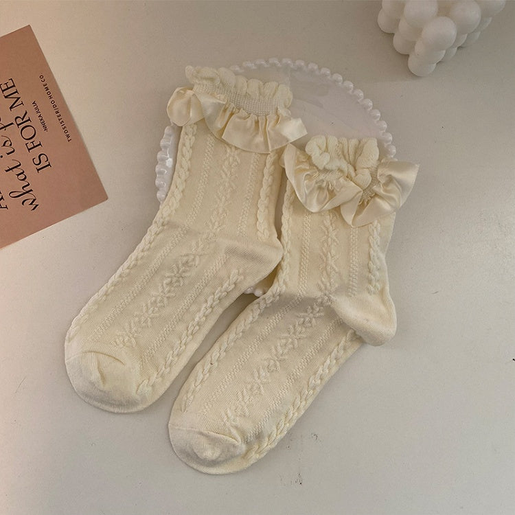 Cute White/Beige/Black Ruffled Socks Cotton