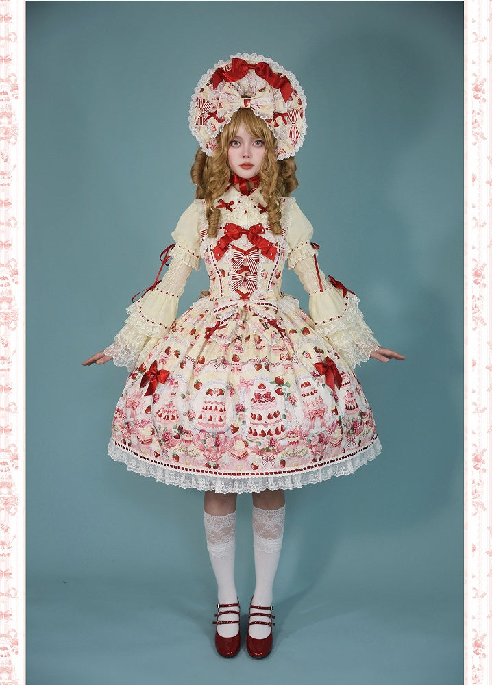 Bow Yellow and Desserts Accents Set Print Strawberry / Full Lolita Sweet JSK