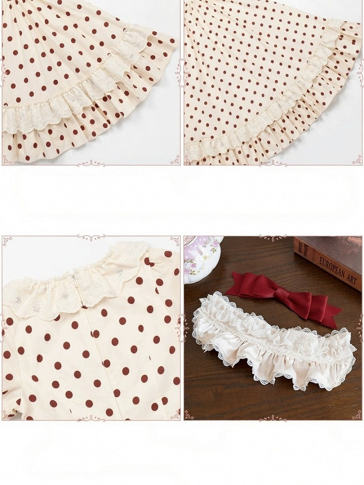 Beige and Red Dotted Puff-Sleeve Lolita OP Set with Apron and Bonnet - With PUJI