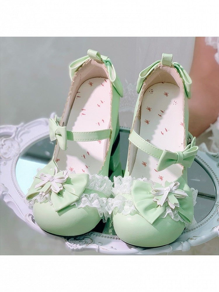 Kawaii Green Cherry Blossom Mid-Heel Lolita Shoes - Hazelnut Bear