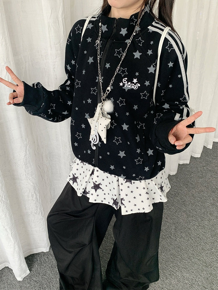 2-Color Y2K Star Zip-Up Jacket with Stripe Pattern - Solkatt