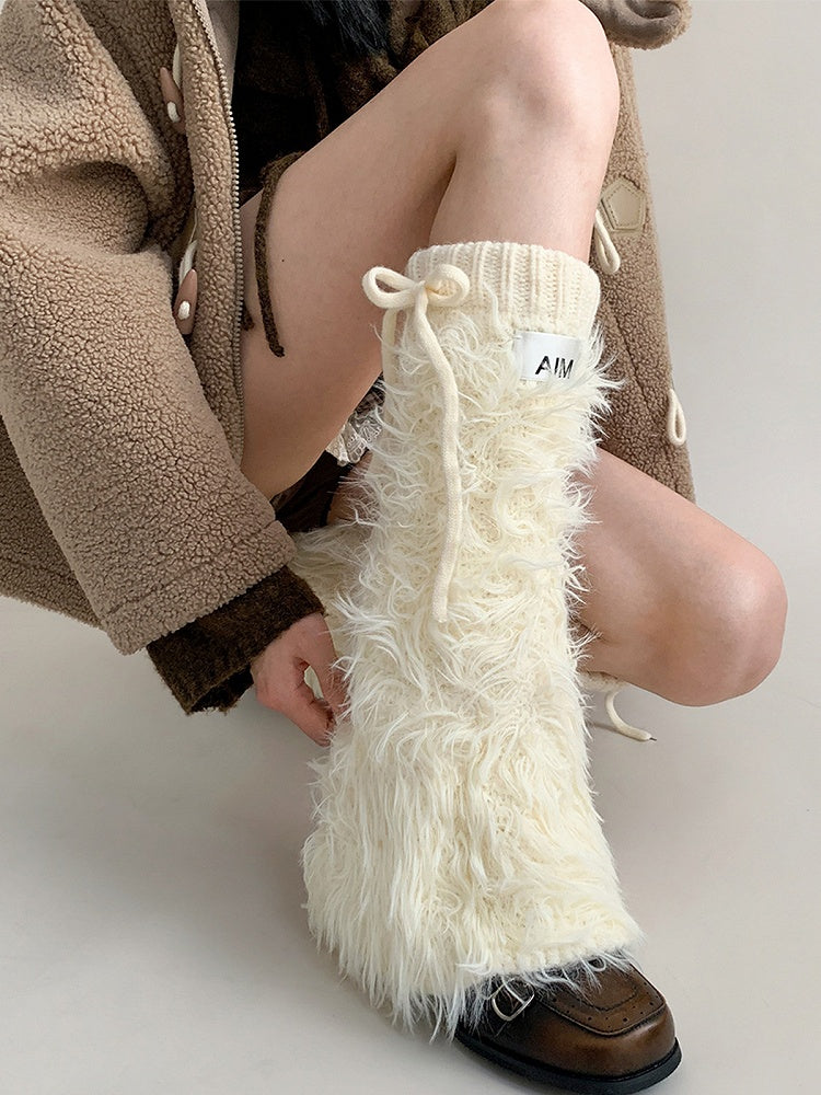 Faux Fluffy Drawstring Cream Warmers Fur Leg