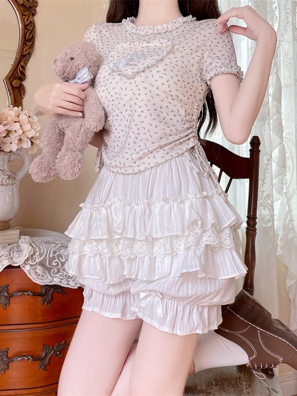 Pure Ruffle Details Bow Lace Bloomers Lolita with Multi-Layer White