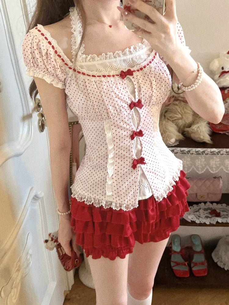 Bow Accents Top Polka-dot Sleeves Lace Halter Puff Red With