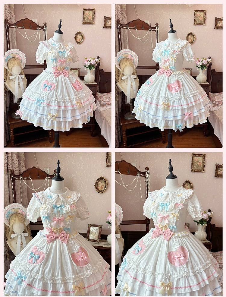 Macaron Farbe Bowknots Weiß JSK Ärmeln Tiered Sweet Lolita Kleid Flatterrock
